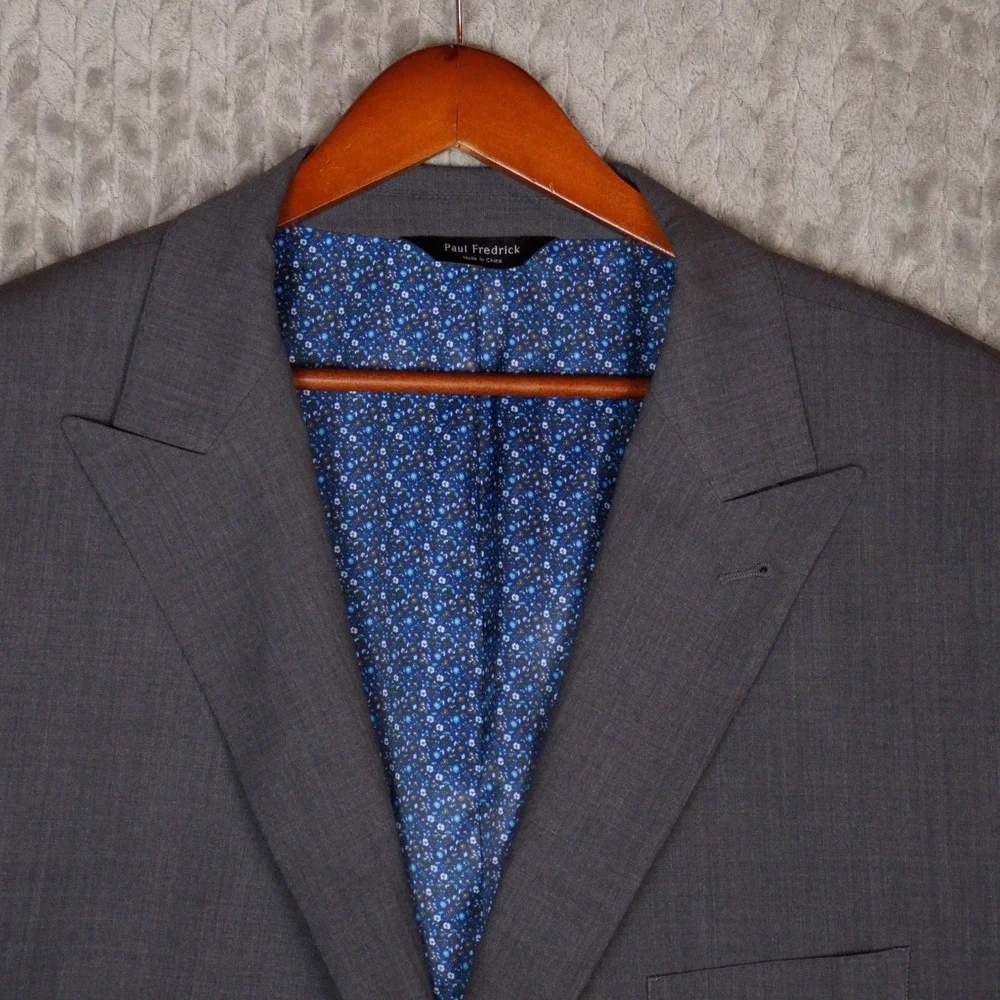 Paul Fredrick Blazer Men 52L Grey Sport Coat Wool Blend Stretch Floral Pattern